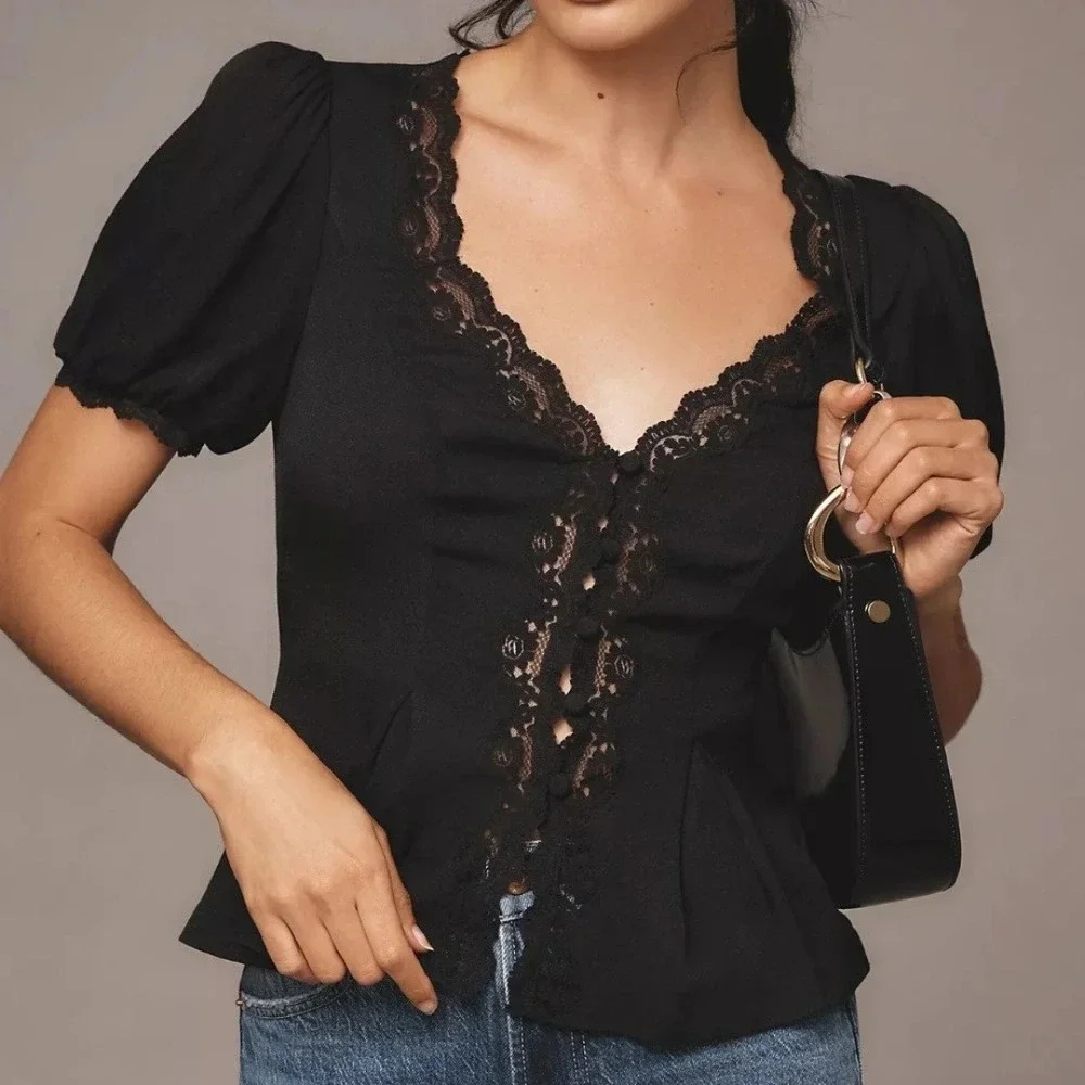 Reformation | Minette Lace Button Puff Sleeve Top in Black